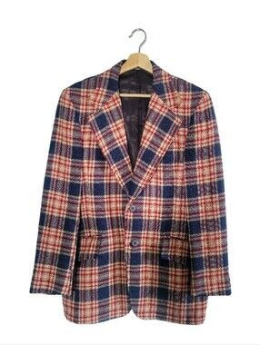 VTG Henry Singer Pure Virgin Wool Plaid Blazer Men's L Red Blue Cream